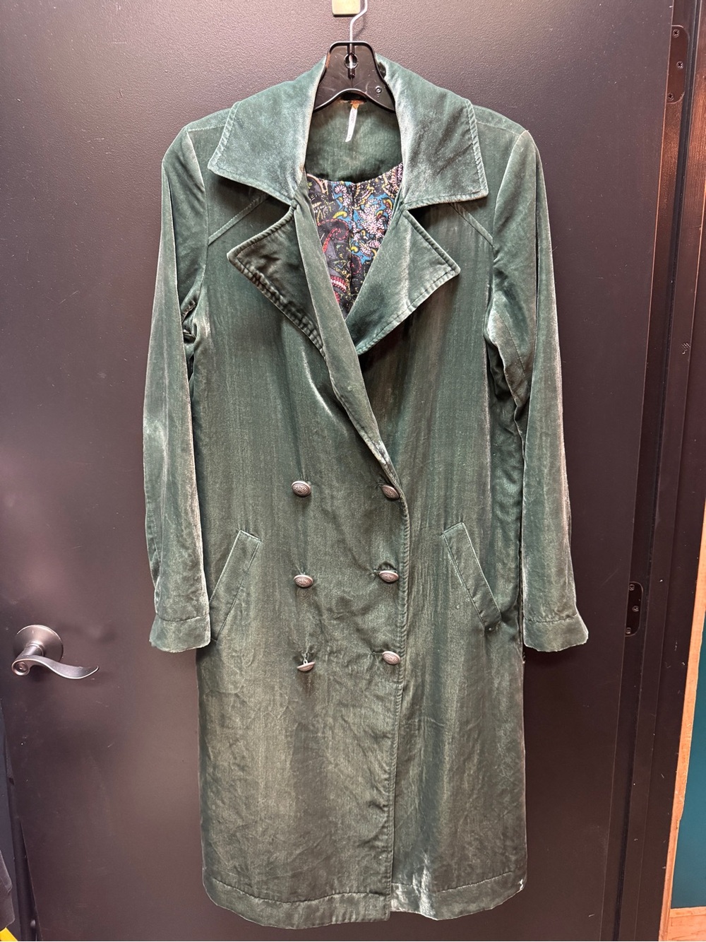 Free People Emerald Green Velvet Double-Breasted Trench Coat